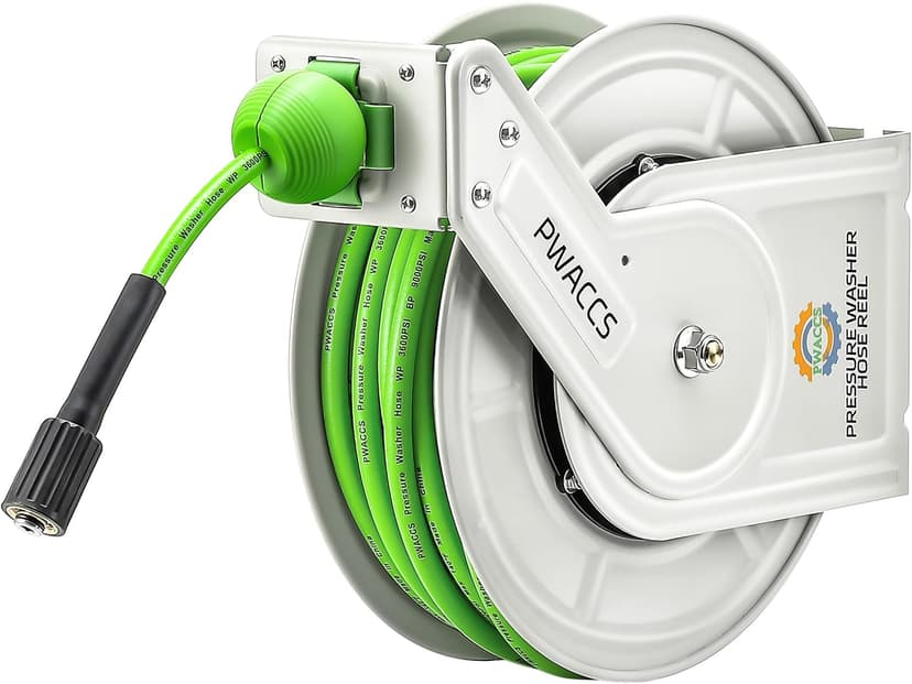 PWACCS Retractable Pressure Washer Hose Reel, 1/4" x 60ft Heavy Duty Power Washer Hose Reel, High Pressure Reel Auto Rewind, Wall/Floor Mounted, 3600 PSI