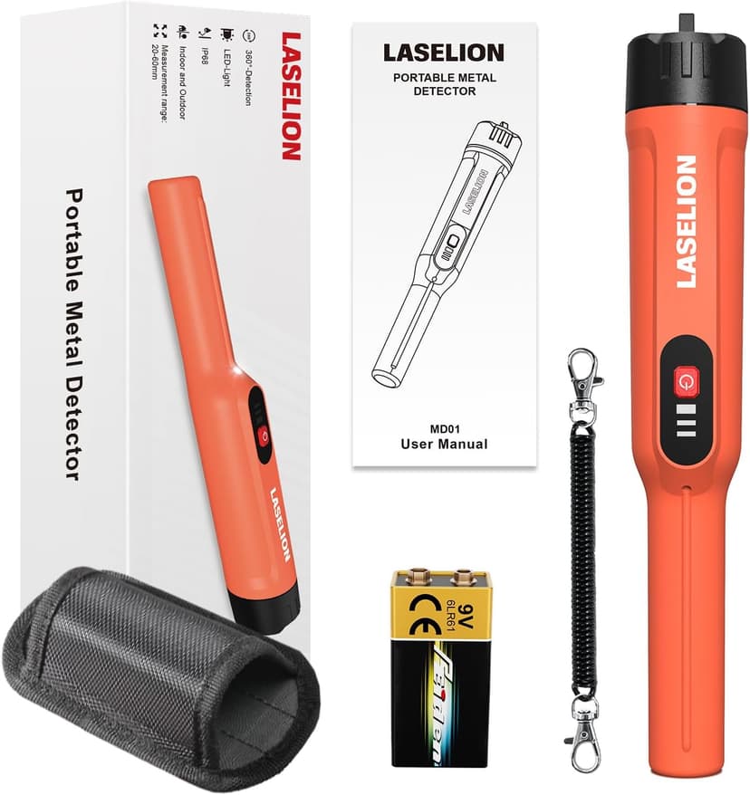 Metal Detector Pinpointer, Handheld Pin Pointer Wand Professional IP68 Fully Waterproof 360°Detection, Search Treasure Pinpointing Finder Probe with 9V Battery for Adults, Kids - Orange-MD01