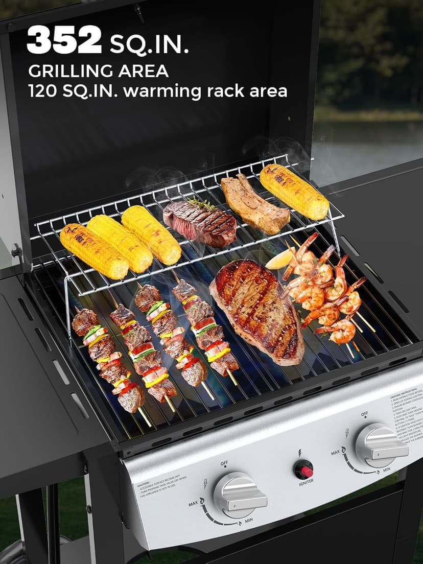 Cowsar 2 Burner BBQ Propane Gas Grill, Stainless Steel 20000 BTU, Equipped with Sides Burner and 4 Wheels for Easy Mobility, Ideal for Outdoor Kitchens and Backyard Patio Barbecues