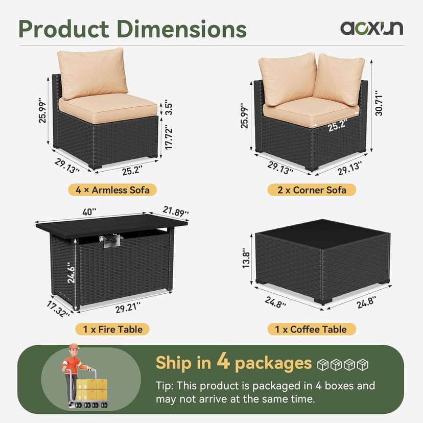 Aoxun 8 Piece Patio Furniture Set with 44” Fire Pit Table Wicker Rattan Patio Sectional Sofa Set Outdoor Seating Furniture with Thickened Cushion, Beige