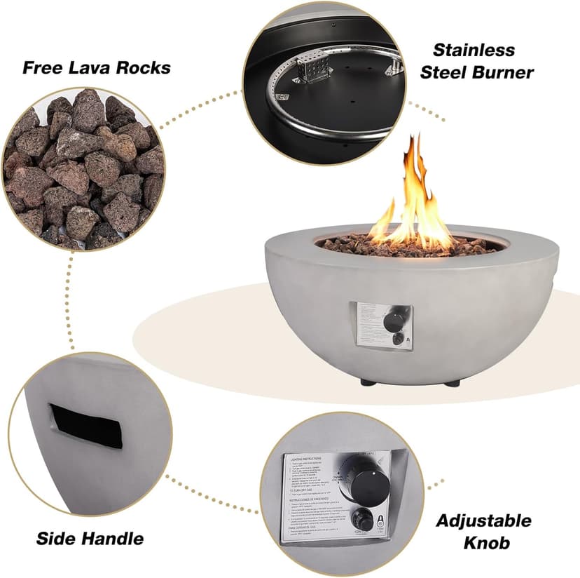 2-Piece Outdoor Propane Fire Pit Table Set w/Tank Cover Table, 31.5-inch 50,000 BTU CSA Certification Bowl Concrete Firepit SUS201 Round Burner with Steel Lid, Lava Rocks, Rain Cover…