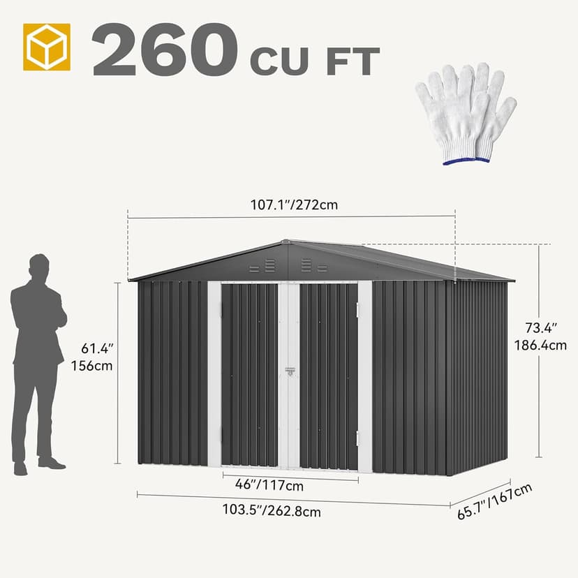 DWVO 9x6 FT Outdoor Storage Shed with Ventilation Windows, Utility Tool Shed Metal Storage Garden Shed with Door & Lock for Bike Storage, Waterproof Trash Shed for Backyard Garden Patio, Dark Dray