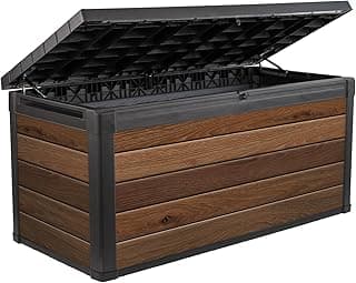 Keter Signature Collection 150 Gallon Resin Deck Box Organization and Storage Box for Patio Outdoor Cushions, Throw Pillows, Garden Tools and Pool Supplies, Walnut