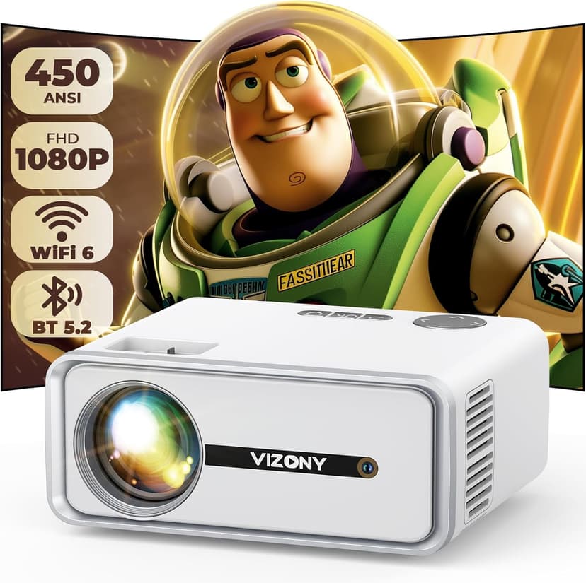 Mini Projector with WiFi and Bluetooth, 450ANSI 1080P FHD Home Movie Projector, Portable Outdoor Projector with 250" Display+Zoom, Compatible w/Phone//Laptop/TV Stick-Indoor&Outdoor