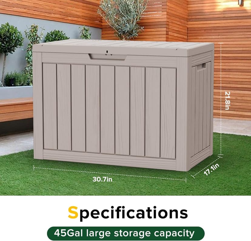 45 Gallon UV Resistant Outdoor Storage Box Waterproof, Lockable Resin Deck Box for Garden Tools, Sports Equipment and Cushions, Gray