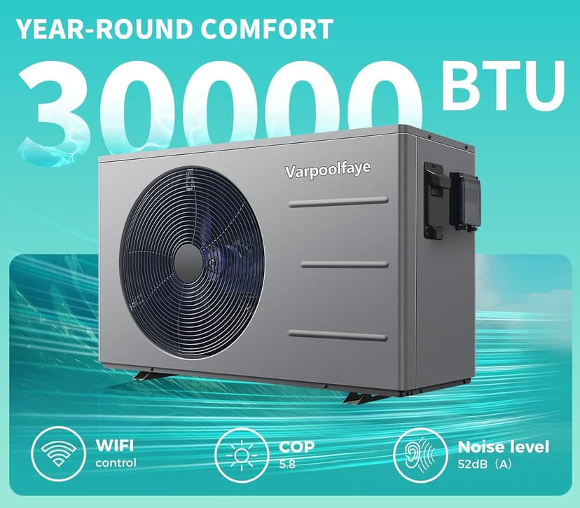 30000 BTU Swimming Pool Heater Pump Pool Heater For Above Ground Pool 120V 8000 Gallon Inground Pool Heater Spa Heating or Cooling WiFi Control Schedule