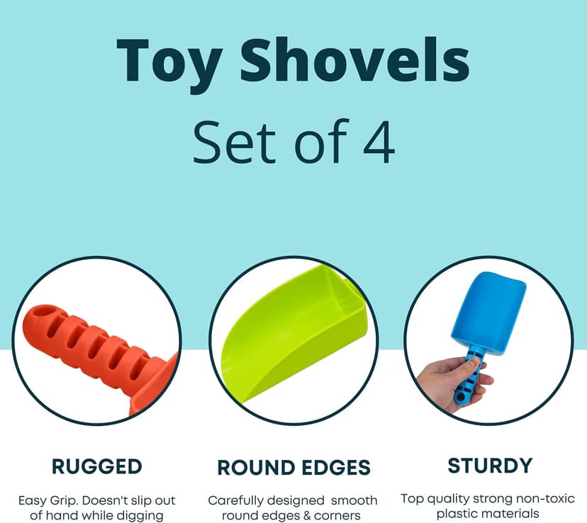 4E's Novelty 4 Pack Beach Shovels 8 Inch, Heavy Duty Plastic Sand Shovel for Kids, - Great for Planting Gardening Shovels for Toddlers, Outdoor Digging Sandbox Toys, Easter Basket Stuffers