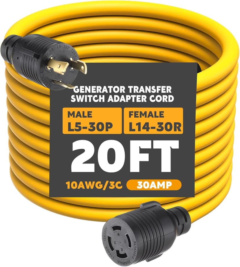 Kanayu Generator Transfer Switch Adapter Cord - Compatible NEMA L5-30P to L14-30R, 30 Amp Locking 3 Prong to 4 Prong Generator Adapter for RV to House Inlet Box, STW 10 AWG, ETL Listed (20ft)