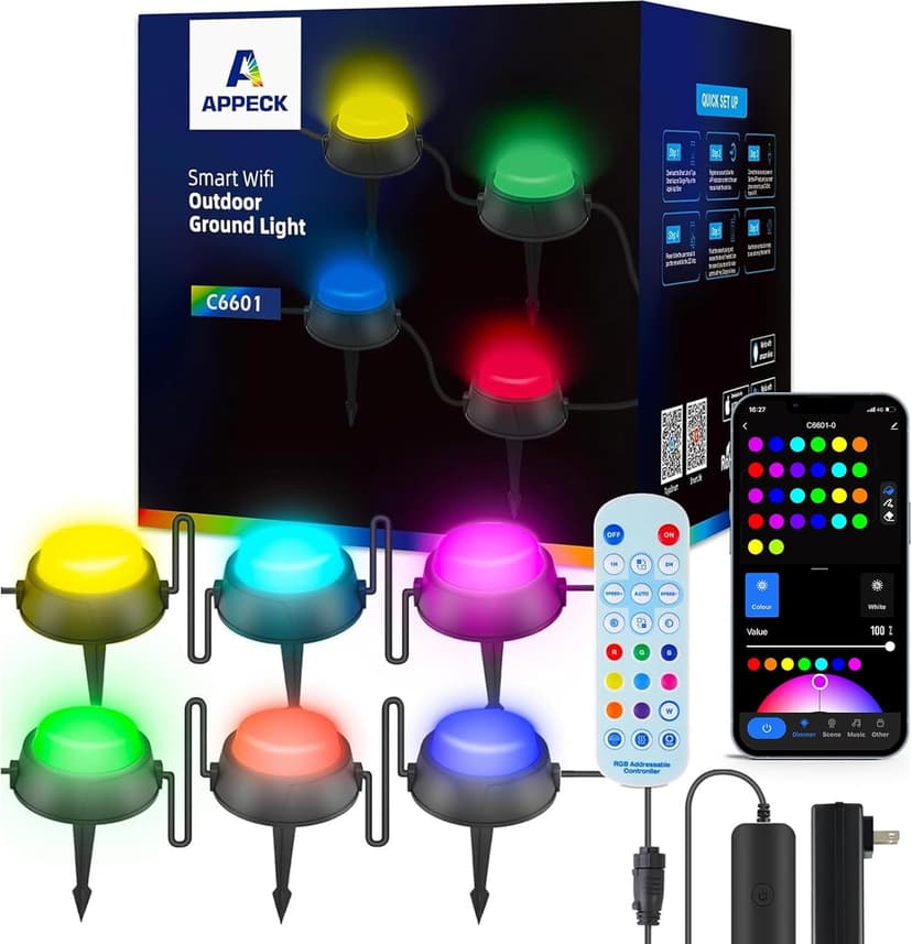 Outdoor Ground Lights 26 Pack, 59ft Smart RGBW+IC Pathway Lights Wired, IP65 Waterproof Landscape Lighting with Alexa, App Control, Walkway Lights for Garden, Yard, Patio, Lawn Decor