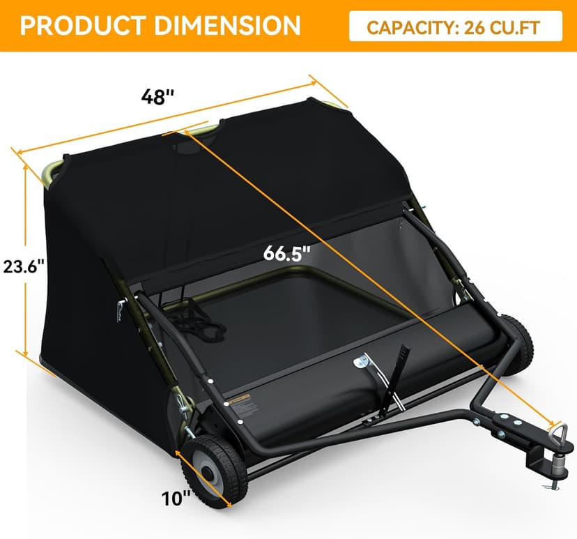 YINTATECH 48" Lawn Sweeper, Tow Behind Leaf Collector, Pine Needle, Pine Cone, Grass Sweeper,Black