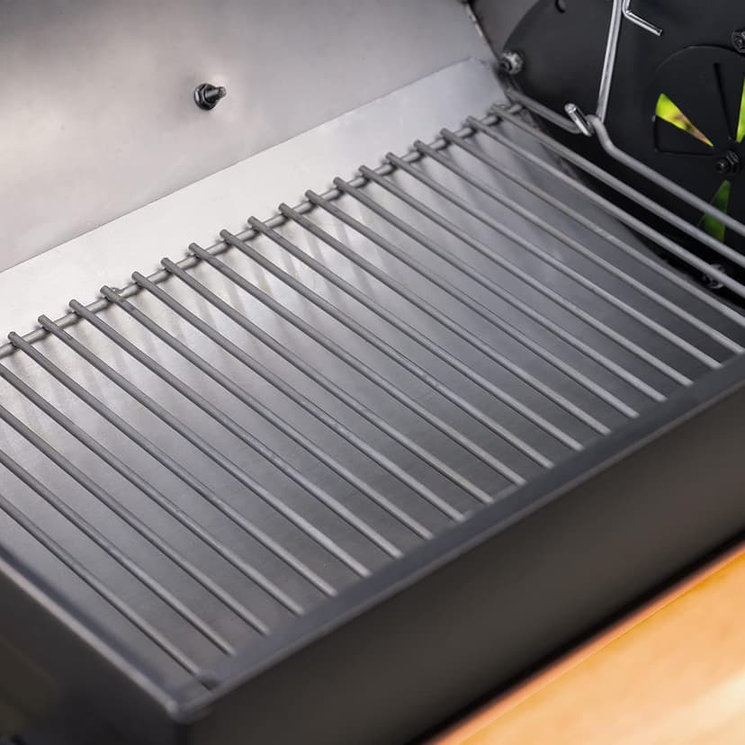 Char-Griller® Wrangler® Charcoal Grill in Black with Wood Shelves, EasyDump™ Ash Pan, Premium Wood Front and Side Shelves with Utensil Hooks, 635 Cooking Square Inches in Black, Model E2123
