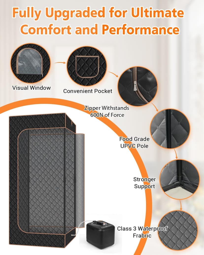 Portable Steam Sauna for Home: Full Body Sauna Box with 3L 1000W Steamer, 9Levels, Remote Control, Folding Chair, Saunas Tent for Gym, Pilates, Spa, Indoor, Outdoor, 36" x 36" x 71", Black & Brown