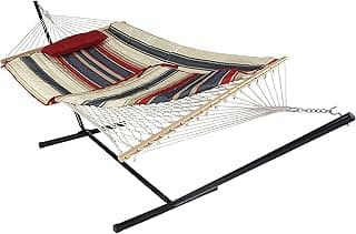 Sunnydaze Rope Hammock with Stand Combo - 275-Pound Capacity - Includes 12-Foot Hammock Stand, Spreader Bar, Pad, and Pillow - Modern Lines