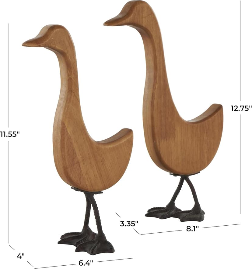 Deco 79 Wood Duck Decorative Garden Sculpture Abstract Minimalistic Garden Statues with Black Metal Feet, Set of 2 Outdoor Sculptures 13", 12"H, Brown