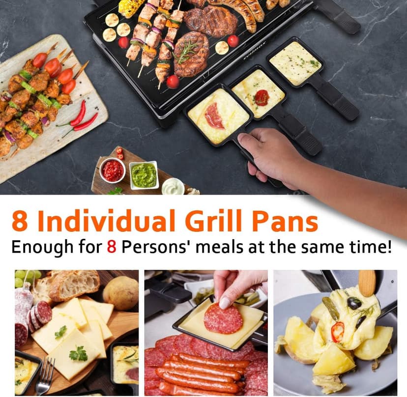 CUSIMAX Raclette Grill Electric Grill Table Portable 2 in 1 Korean BBQ Grill Indoor & Cheese Raclette, Reversible Non-stick plate, Crepe Maker with Adjustable temperature control and 8 Paddles
