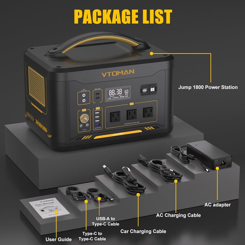 VTOMAN Jump 1800 Portable Power Station 1800W (Peak 3600W), 1548Wh Expandable LiFePO4 Battery Generator with 100W USB-C, 18W USB-C, 12V DC, Jumpstarter, for Power Outages Backup & Outdoor Camping