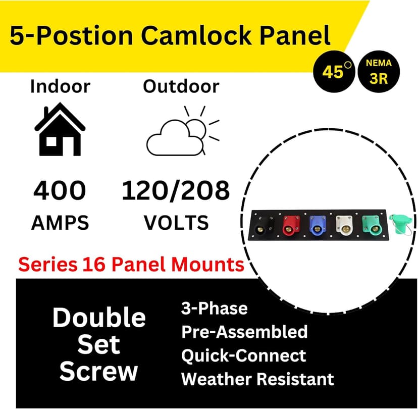 5 Position CAM Lock Panel, 400 Amp, 3 Phase 120/208V, Male, 45°, Double Set-Screw Connections with NEMA 3R Caps and Lanyards, Series 16 CAM Connectors, Power Distribution Panel