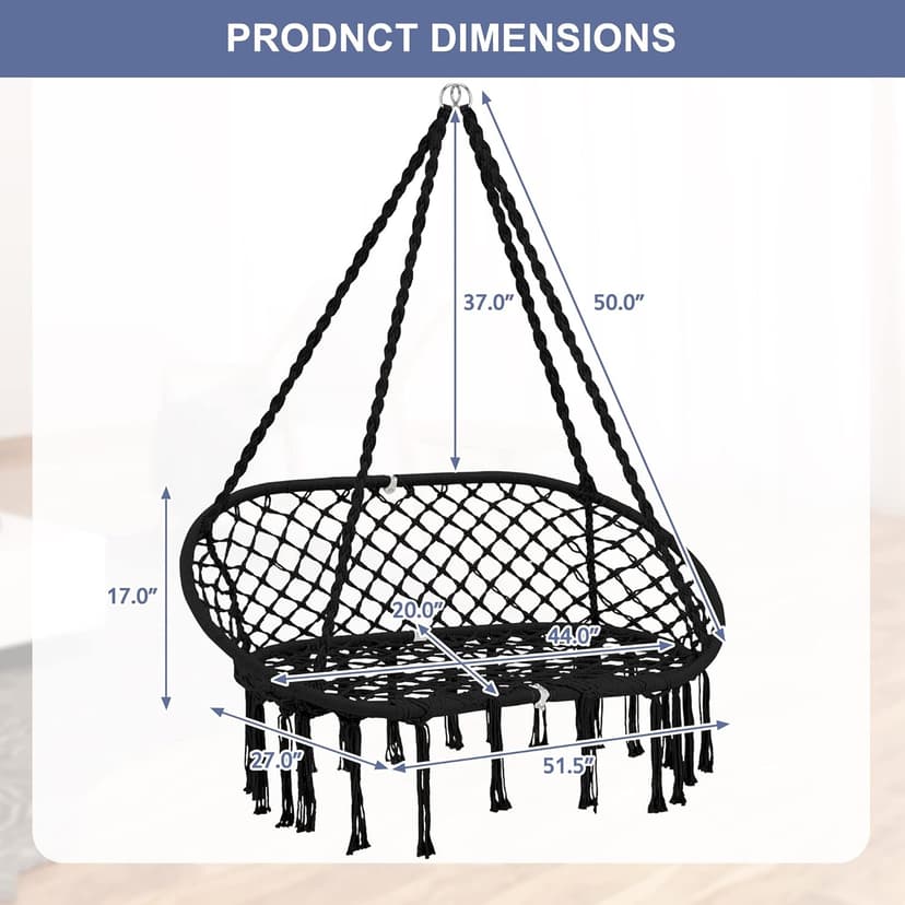Hammock Chair Macrame Hanging Swing with Cushion,Hanging Cotton Ropes, Metal Frame, 450 lbs Capacity Indoor Outdoor, Patio, Balcony, Living,Deck, Yard, Garden(Double Swing)