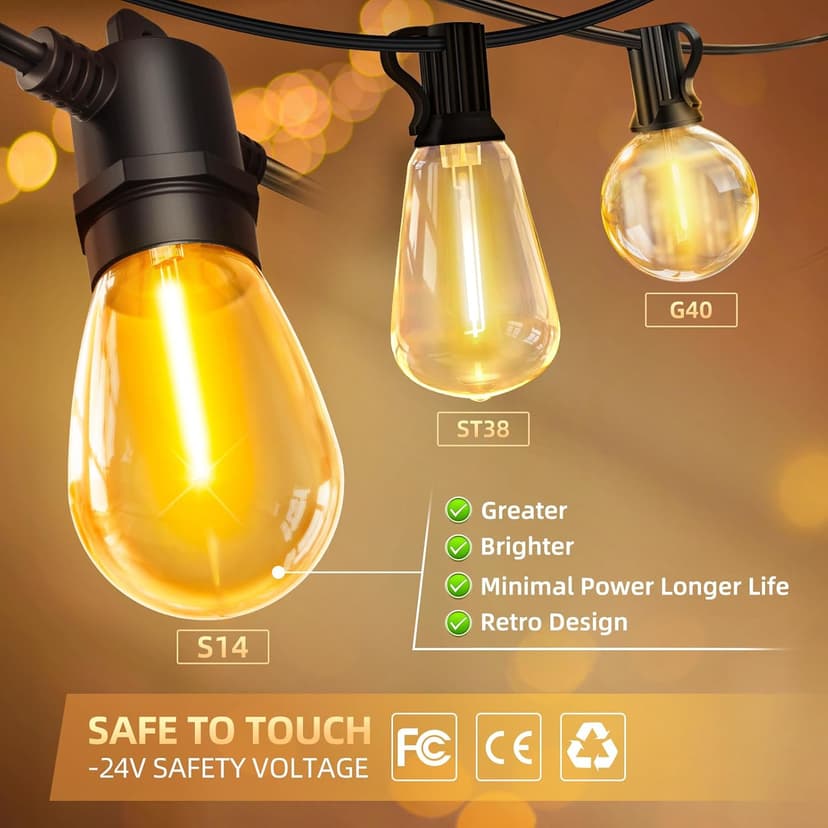 LED Outdoor String Lights Patio - 50FT Dimmable Hanging Light with Remote, Waterproof Shatterproof Edison Bulbs, 3 Modes 2 Timer Outside Lighting Connectable for Graden Porch Backyard Balcony Cafe