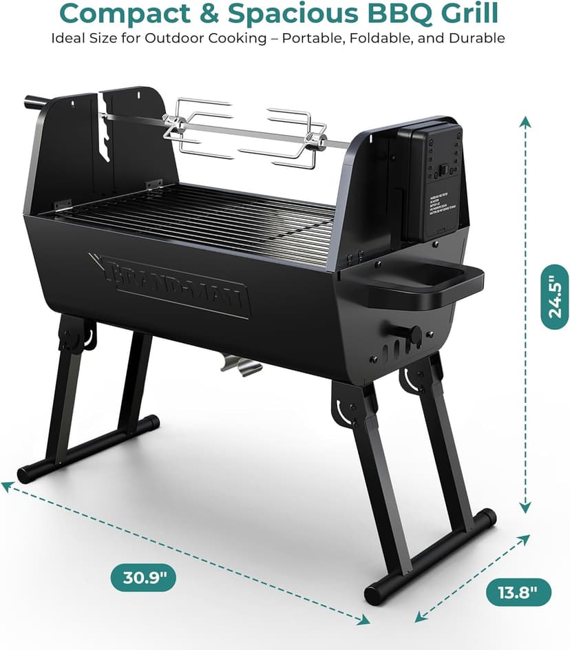 Brand-Man portable Charcoal Grill with Motor, 2-in-1 Adjustable Spit Roaster & BBQ Grill for Camping, Tailgating, Backyard, & Outdoor Cooking, Foldable Legs & dual side vents