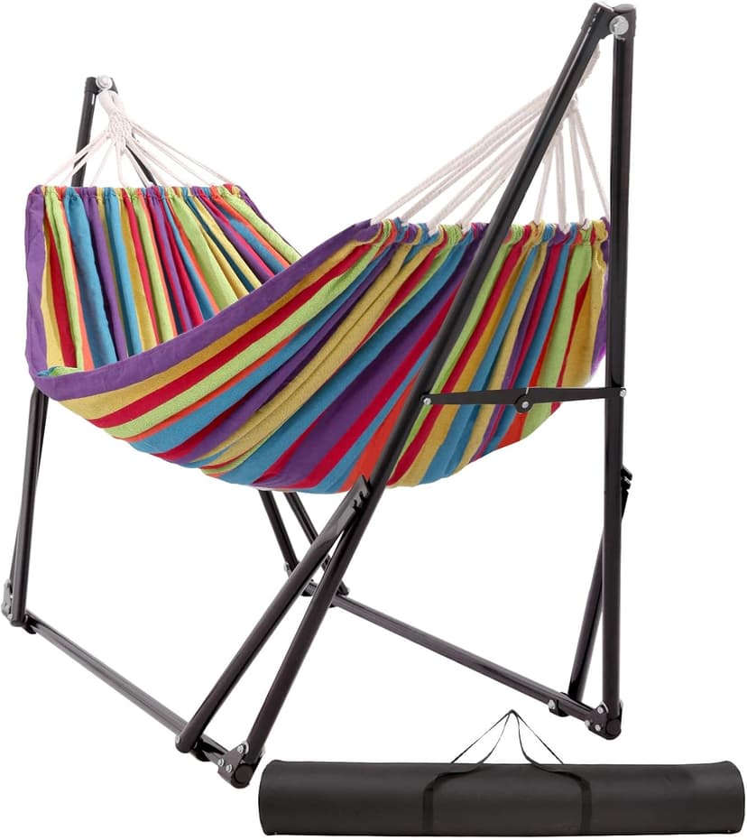 Hammock with Foldable Steel Stand,Frabic Tension Adjustable,Carrying Bag Included, 616 lbs Weight Capacity, Portable Suitable for Outside Garden Yard Outdoor Inhouse Multicolour