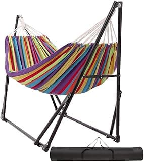 Hammock with Foldable Steel Stand,Frabic Tension Adjustable,Carrying Bag Included, 616 lbs Weight Capacity, Portable Suitable for Outside Garden Yard Outdoor Inhouse Multicolour