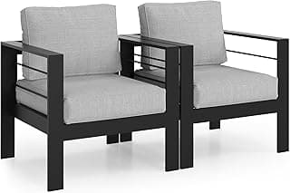 Solaste Patio Furniture Metal Armchair,2 PCS All-Weather Aluminum Garden Outdoor Contemporary Sofa Chair with Cushions, Light Grey