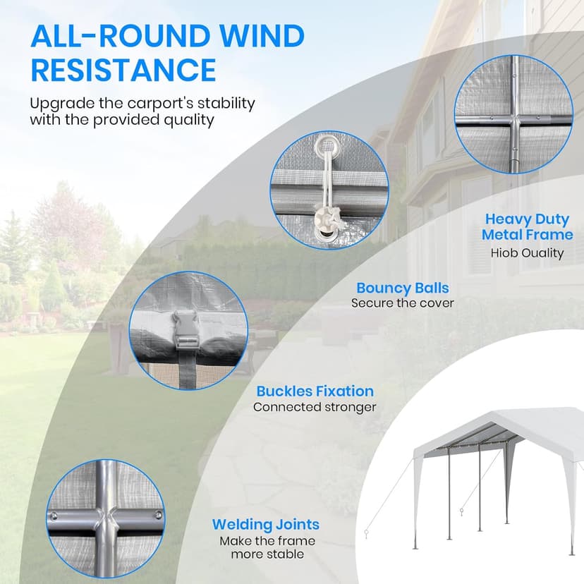 Carport 10x20 Heavy Duty Portable Garage,Galvanized Frame Carport Canopy,Portable Garages and Shelters with 8 Leg&4 Wind Rope,Car Tent Garage with All-Season Tarp for Boat Truck Bike,Without Sidewall