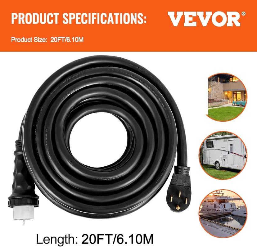 VEVOR 20 FT 50 Amp Generator Extension Cord NEMA N14-50P & SS2-50R & CS6364, STW 6/3 + 8/1 AWG 125V 250V Generator Power Cord Twist Lock Connectors