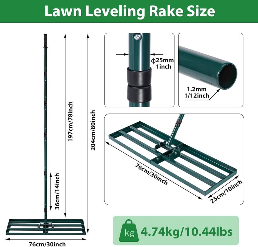 Lawn Leveling Rake,Stainless Steel Lawn Leveler with 30”x10” Ground Plate, 78” Adjustable Long Handle, Level Yard Tool for Grass, Golf Field, Level Soil or Dirt Ground Surfaces-Green