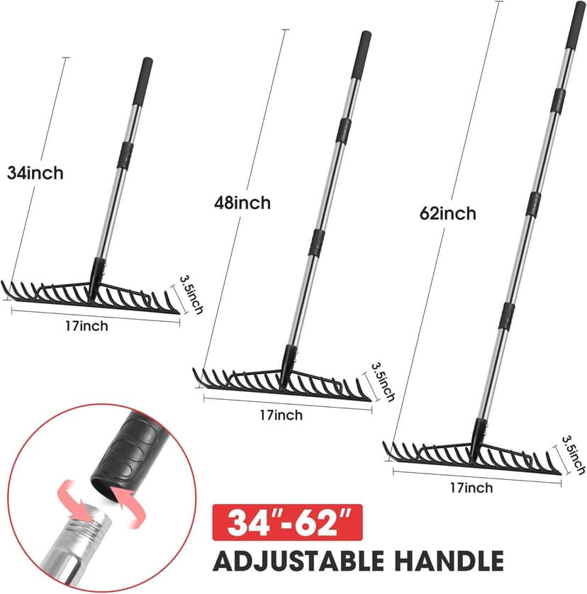 5.2FT Garden Rake, 16 Tines Metal Rakes with Adjustable Stainless Steel Handle, Bowrake for Lawns Heavy Duty Loosening Soil Farming Land Management, Gathering Leaf Yard Rake with Gloves