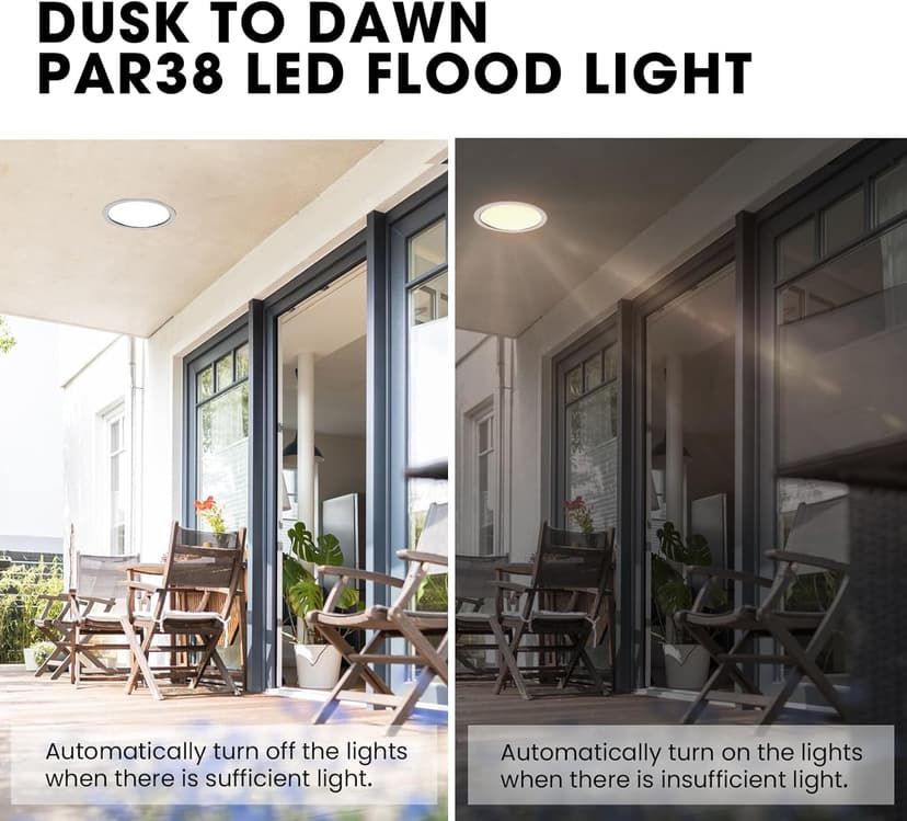 2 Pack LED PAR38 Dusk to Dawn Flood Light Bulbs Outdoor ，20W(200W Equivalent) E26 Base Flood Light Bulbs,5000K Daylight 1800 Lumens LED Flood Light for Outdoor Garden,Garage,Yards