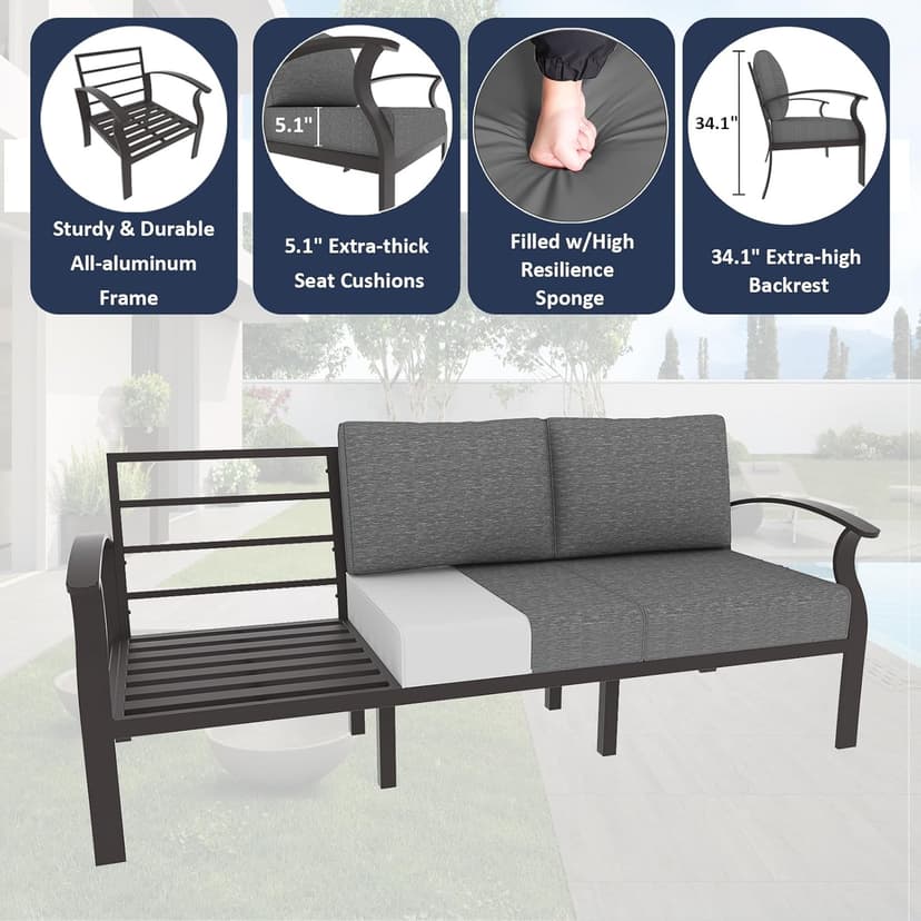 ALAULM Aluminum Patio Furniture Set with Propane Fire Pit Table 5-seat Metal Outdoor Furniture w/Fire Pit Patio Sectional Sofas w/5.2" Cushions for Patio, Backyard, Poolside-Grey