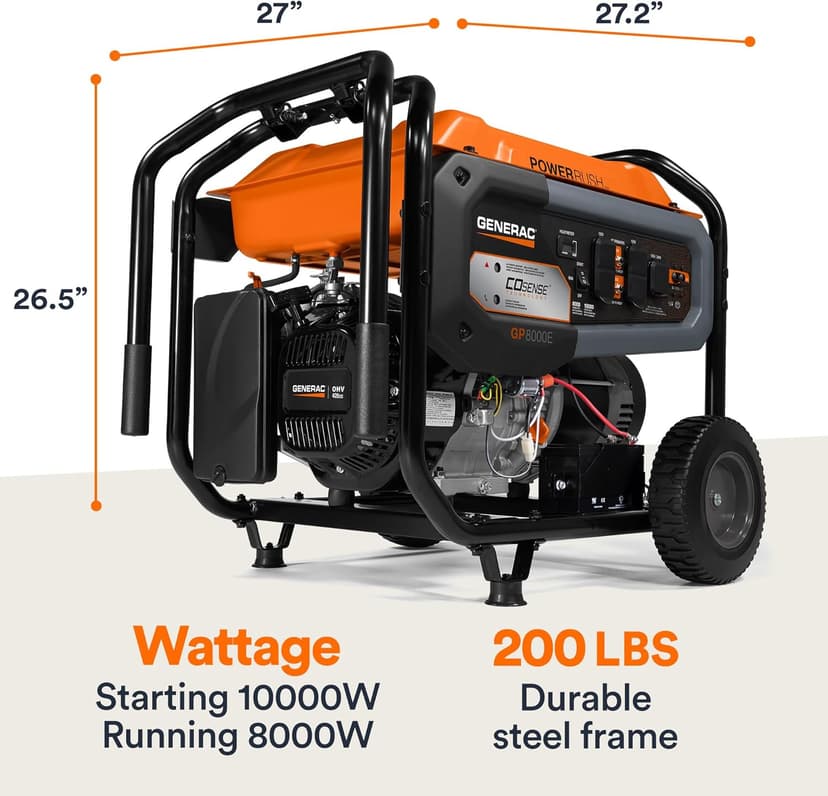 Generac 8,000-Watt Gas-Powered Portable Generator - Electric Start with COsense - PowerRush Advanced Technology - Reliable Power for Emergencies, Recreation, Home - 49 State Compliant - Orange/Black
