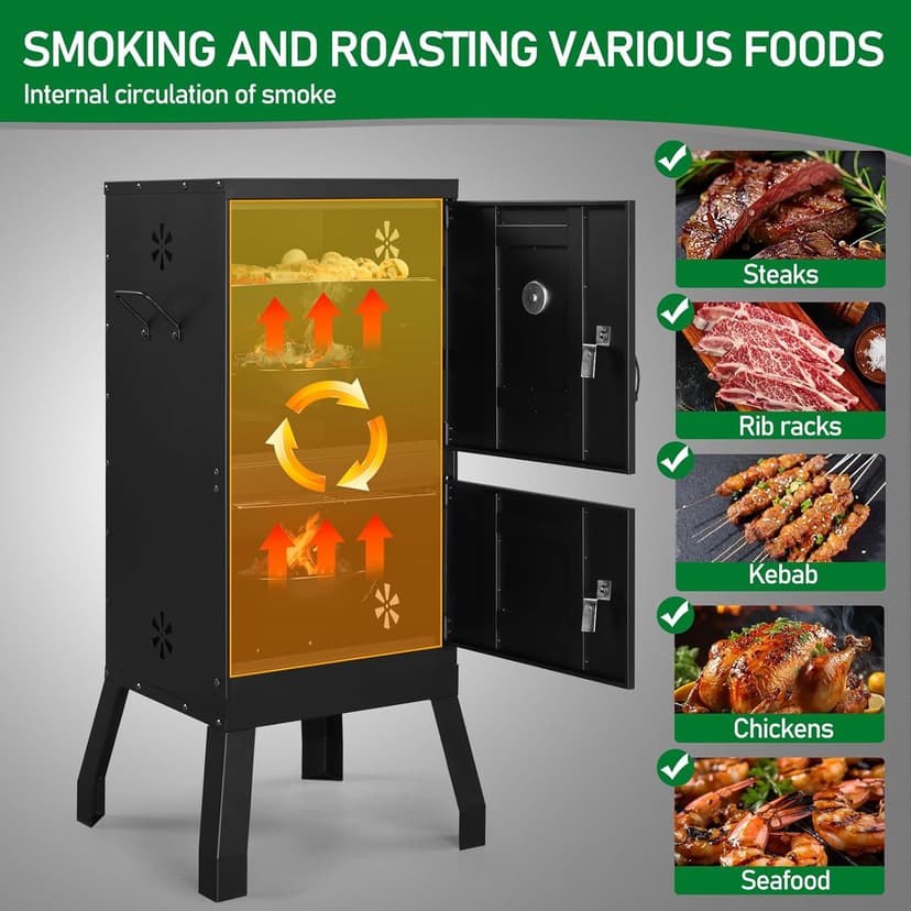 Outvita Outdoor Smoker with Double Doors, Vertical Charcoal Smoker, Outdoors Charcoal Barbeque with 2 Detachable Grill Netting Smoking Racks, Suitable for Lawn Picnic, Backyard BBQ, Black