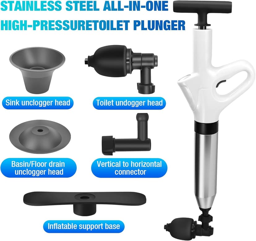 High Pressure Toilet Plunger, Air Drain Blaster Gun with Visual Barometer and Stainless Steel Plungers, Powerful Drain Clog Remover Tool for Sink, Toilet, Floor Drain - Heavy Duty Toilet Plungers