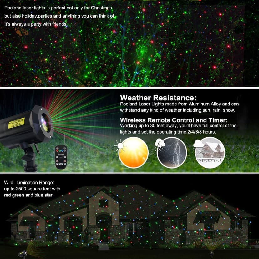 Poeland Christmas Laser Projector Lights Waterproof Outdoor Garden Decorative Lighting with Security Lock 3 Color Red Green Blue