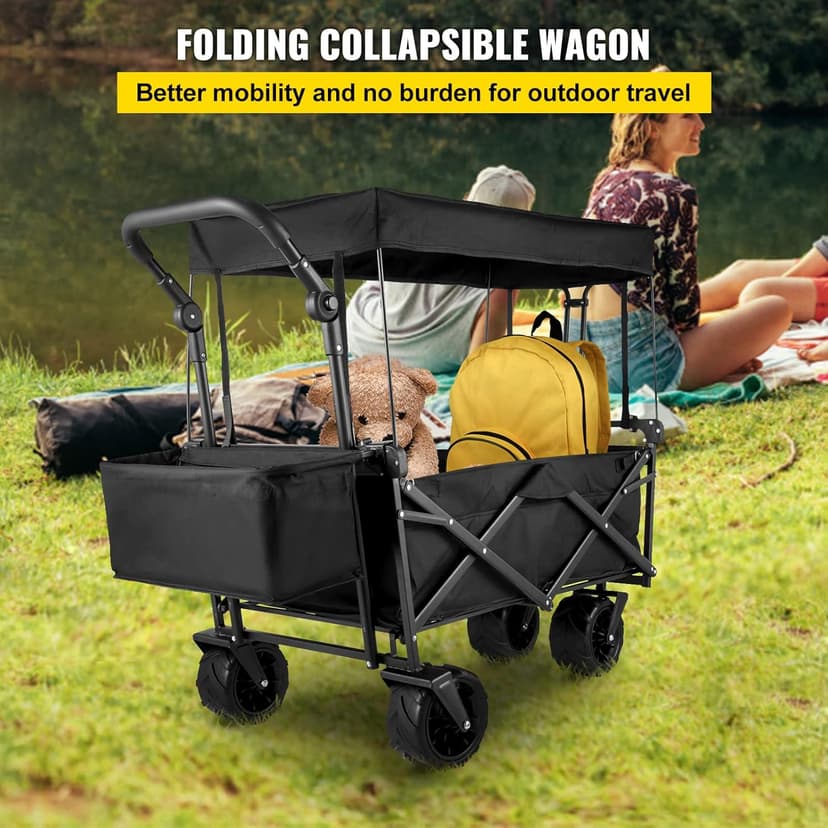 Happbuy Extra Large Collapsible Garden Cart with Removable Canopy, Folding Wagon Utility Carts with Wheels and Rear Storage, Wagon Cart for Garden, Camping, Grocery Cart, Shopping Cart, Black