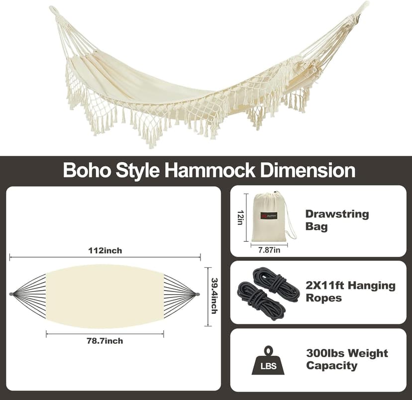 JoyView Boho Macrame Single Hammock with Hanging Ropes & Elegant Tassels 78.8x39.4 Portable Cotton Hammock for Patio Backyard Porch 300LBS Weight Capacity Perfect for Outdoor/Indoor - Beige Color