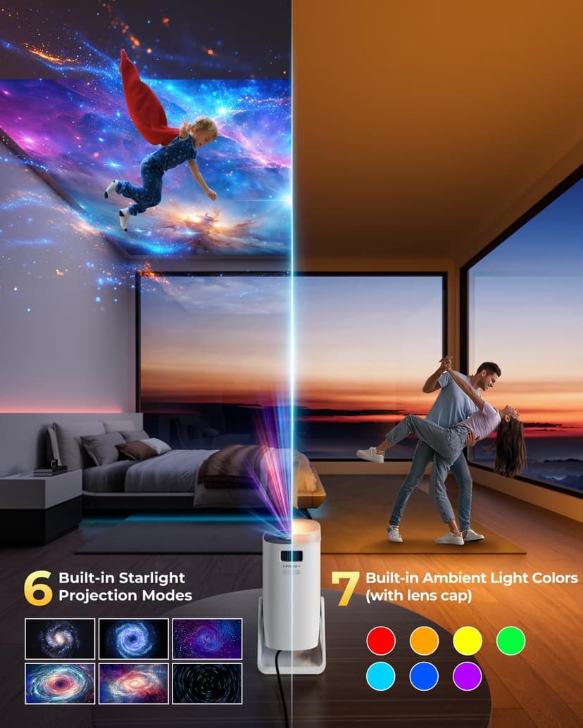 [Built-in Apps & Star Modes & Ambient Light] OPOQO 4K Mini Projector with WiFi and Bluetooth, Full HD 1080P Supported, 270° Portable Outdoor Movie Projector for TV Stick/Smartphone/HDMI/USB