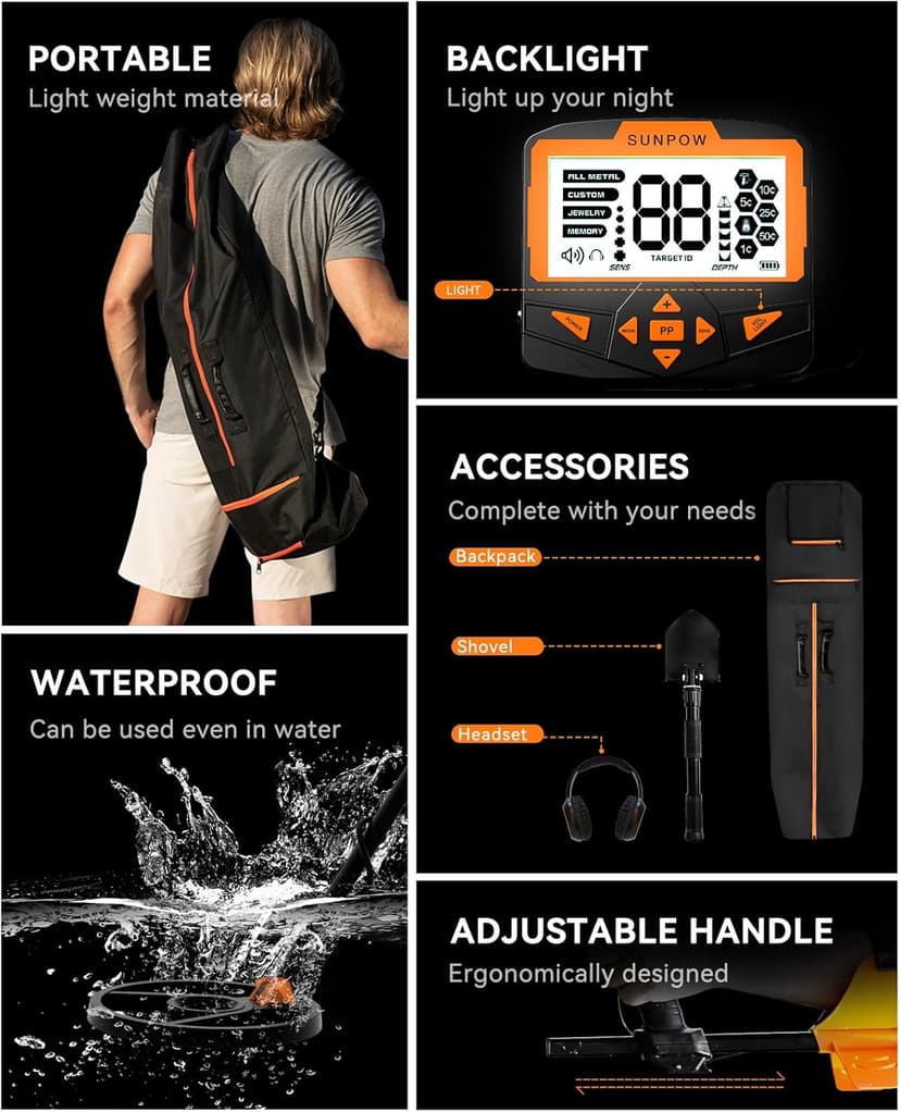 SUNPOW Metal Detector for Adults Professional - Waterproof Higher Accuracy 5 Modes Gold Metal Detector with Strong Anti-Interference, Advanced DSP Chip, 11" Detection Depth - OTMD09