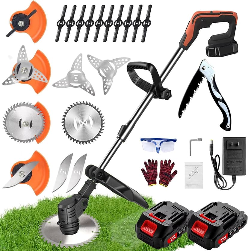 Weed Wacker, Electric Weed Wacker, String Trimmer with 2 Batteries and Charger, Grass Trimmer Lawn Mower Edgerr with 3 Types of Blades, Brush Cutter with Retractable Length and 90° Rotating Head
