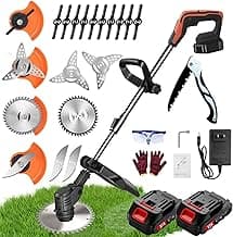 Weed Wacker, Electric Weed Wacker, String Trimmer with 2 Batteries and Charger, Grass Trimmer Lawn Mower Edgerr with 3 Types of Blades, Brush Cutter with Retractable Length and 90° Rotating Head