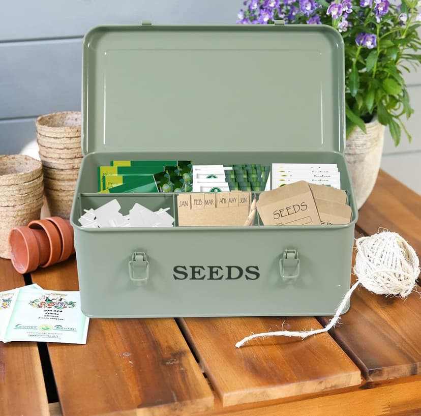 Seed Saving Box, Metal Seed Bin, Seed Storage Organizer Box, Seed Packet Container with Lid, Seed Envelope Storage Box, 4 Compartments Garden Seed Bin with Safety Locks-Green