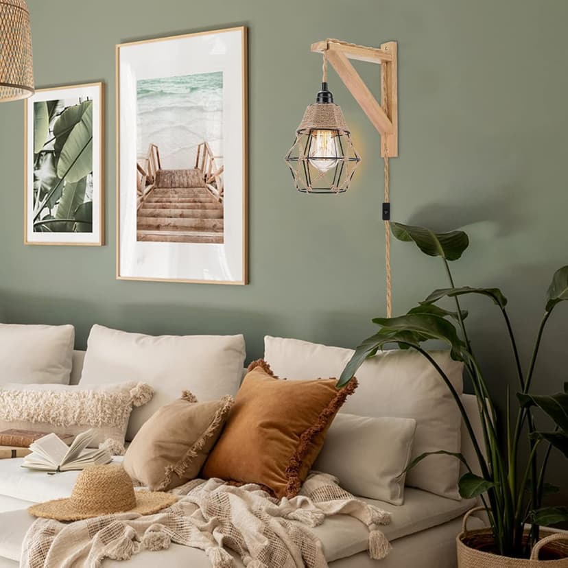 Frideko Wall Lamp with Plug in Cord - Plug in Wall Sconces, Farmhouse Hanging Lamps That Plug into Wall Outlet, Rustic Wall Mount Lamp with Wood Shelf Bracket & Switch Cord for Living Room, Bedroom