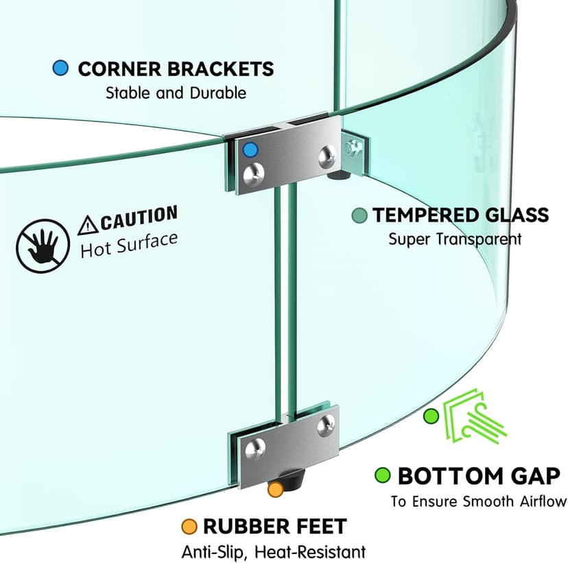 Skyflame Fire Pit Glass Wind Guard Round, 33 x 7 inches Tempered Glass Flame Shield, Fits 31” Round Fire Pit Burner Pans, Fire-Resistant Windscreen Set
