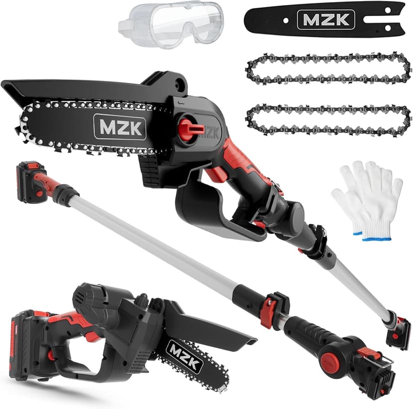 MZK 2-in-1 Cordless Pole Saw & Mini Chainsaw with 3 Replacement Chain, 20V Battery Pole Chainsaw, 4.5" Cutting Capacity, 13ft Reach Pole Saw for Tree Trimming(Battery and Fast Charger Included)