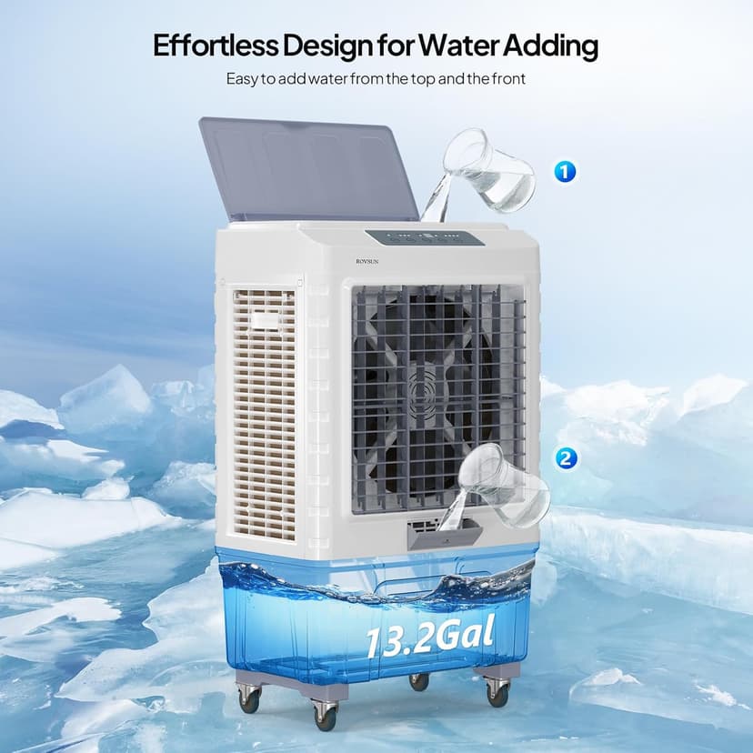 ROVSUN 4100CFM Portable Air Cooler, 13.2Gal/50L Evaporative Swamp Cooler, 3-IN-1 Cooling Fan with Remote Control, 3 Speeds, 7.5H Timer & 4 Ice Box, Humidifying Oscillating Fan for Indoor or Outdoor