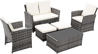 6 Piece Outdoor Patio Furniture Sets Wicker Conversation Set PE Rattan Sectional Sofa Couch with Ottomans, and Coffee Table for Backyard, Porch and Garden.