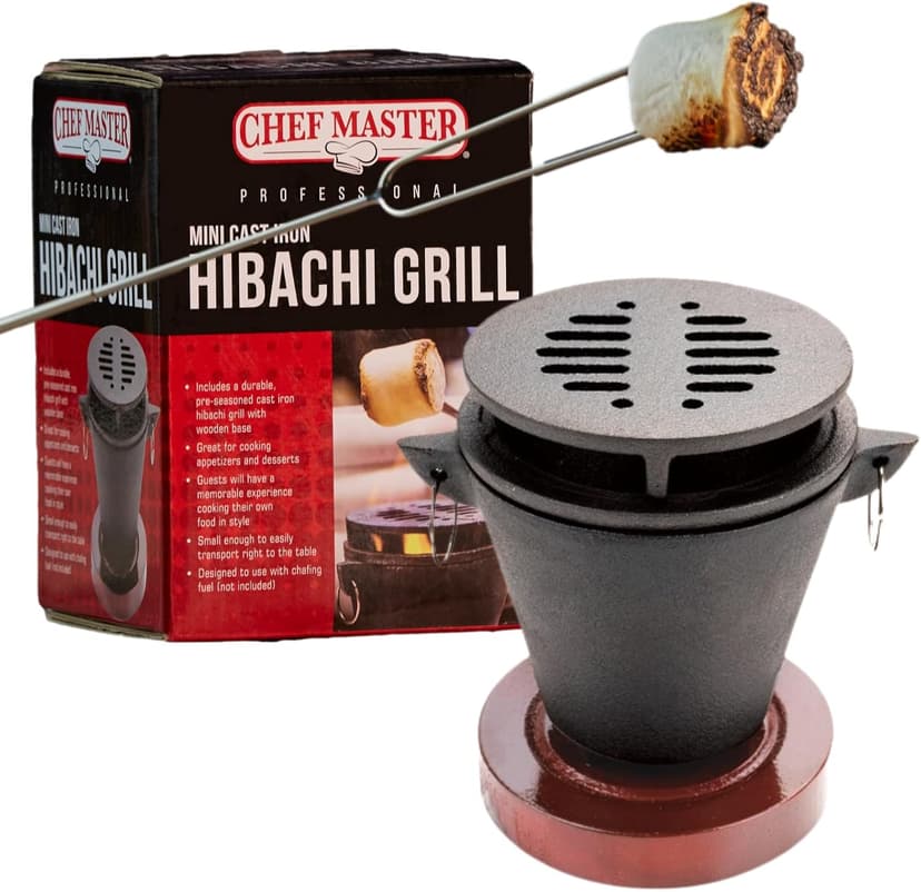 Mini Tabletop Fire Pit and Cast Iron Hibachi Grill Pan, Camping Tabletop Fire Pit Indoor & Outdoor Grill for Smores, BBQ, Smores Maker, Smokeless Firepit, Portable Mini Japanese Grill by Chef Master
